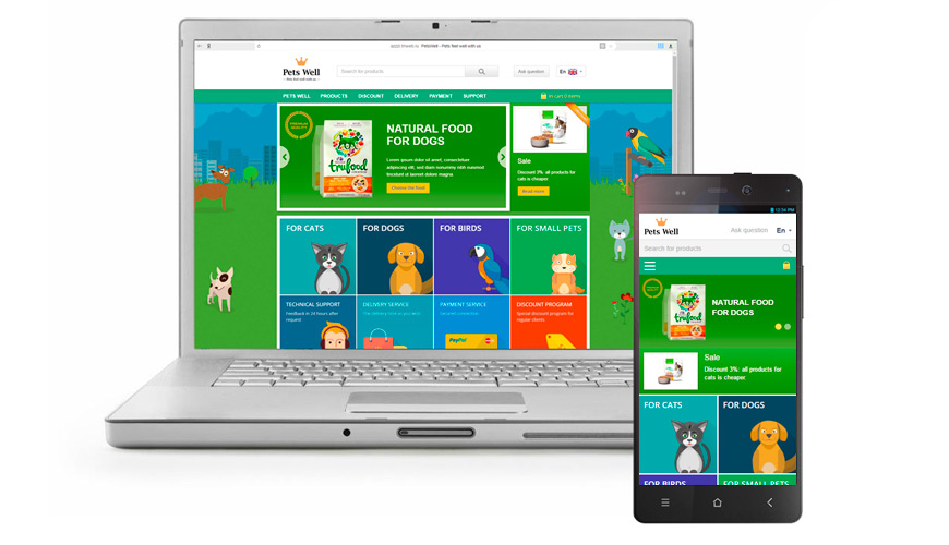 Интернет-магазин Pets Well с адаптивным дизайном интерфейса для удобства мобильных пользователей